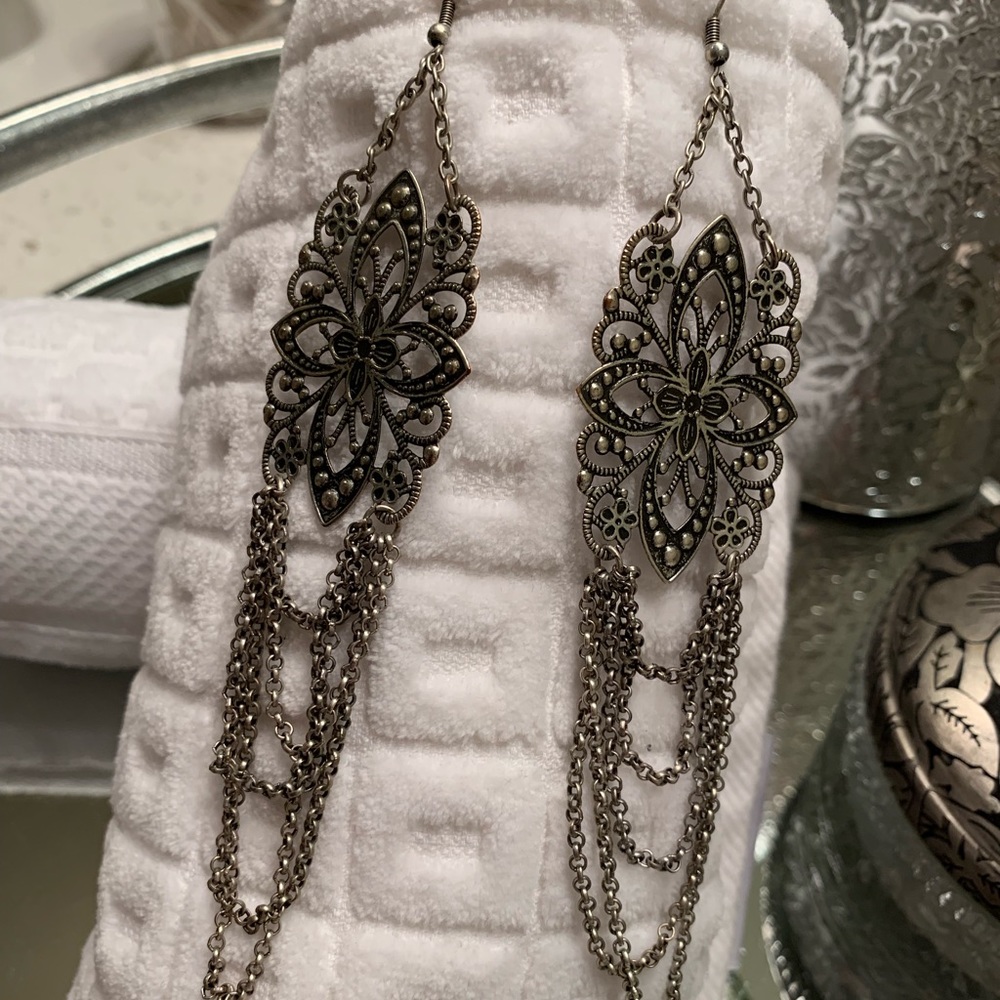 Boho statement silver earrings with chain detail
